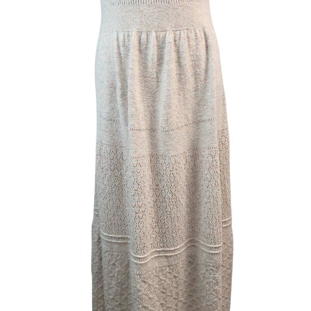 La Vie Medium Beige Cotton Knit Midi Dress RTR Ribbed Bodice Scallop Hem Party - Picture 9 of 15